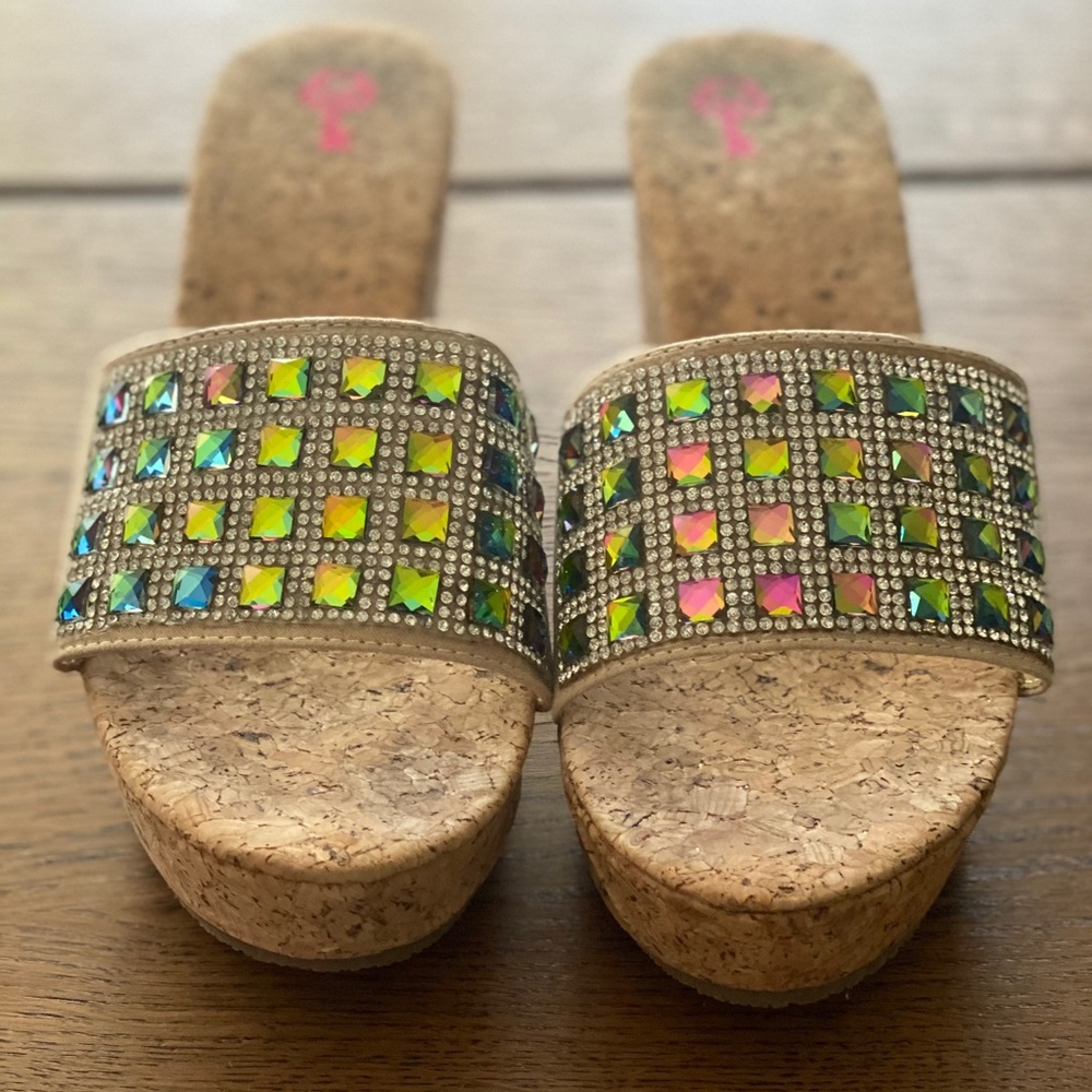 Pink Key tan bling wedge sandals size 7.5